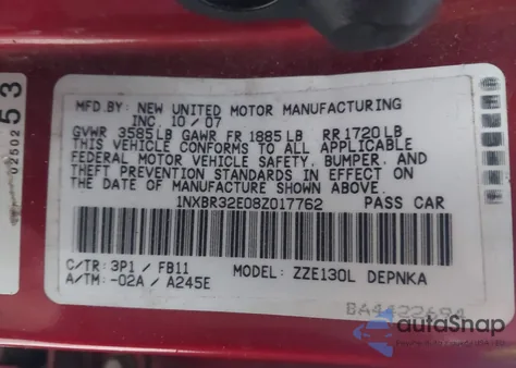 2008 Toyota Corolla Le из США, поврежденный, VIN 1NXBR32E08Z017762